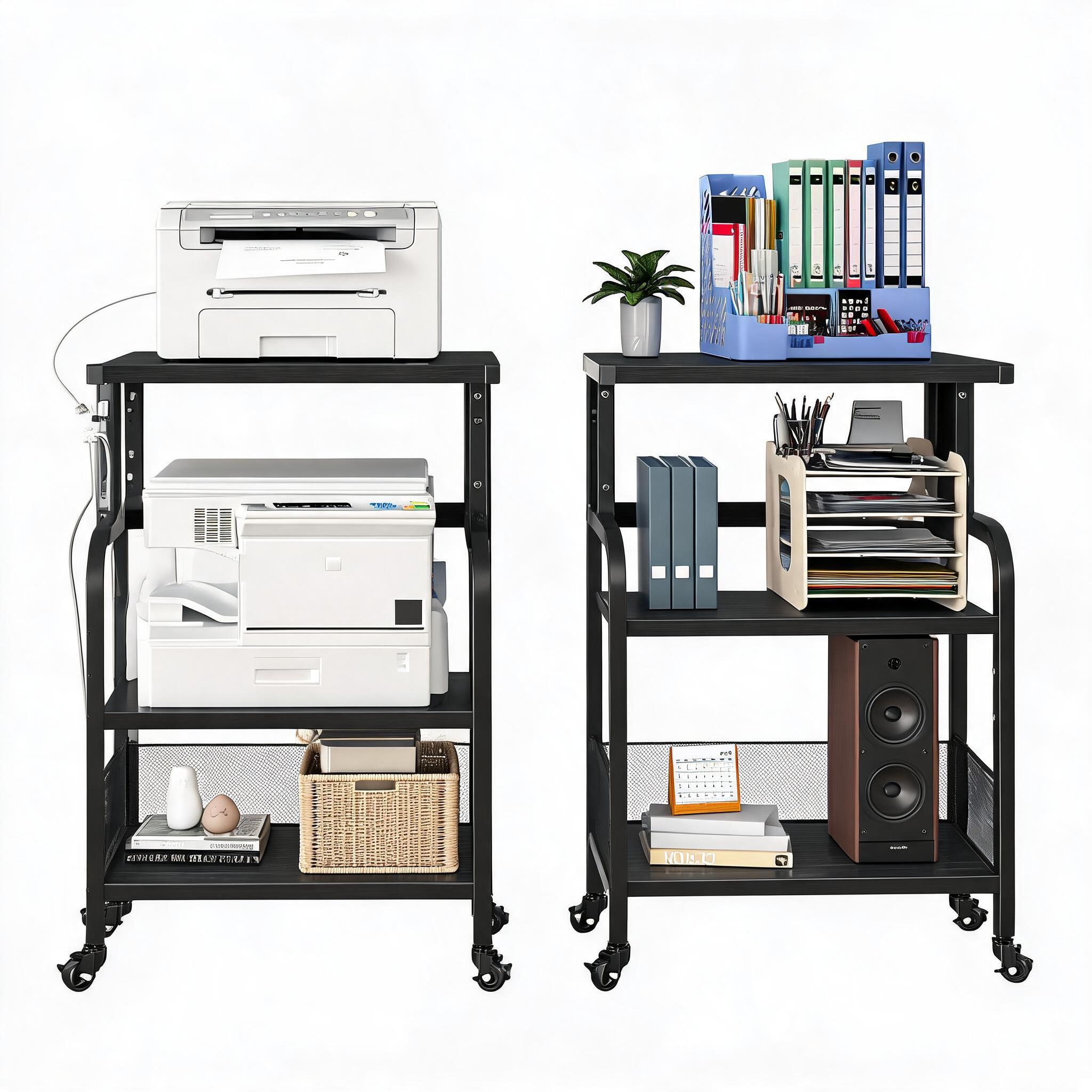 Printer Stand - Drielaags mobiel printerrek met stopcontacten en